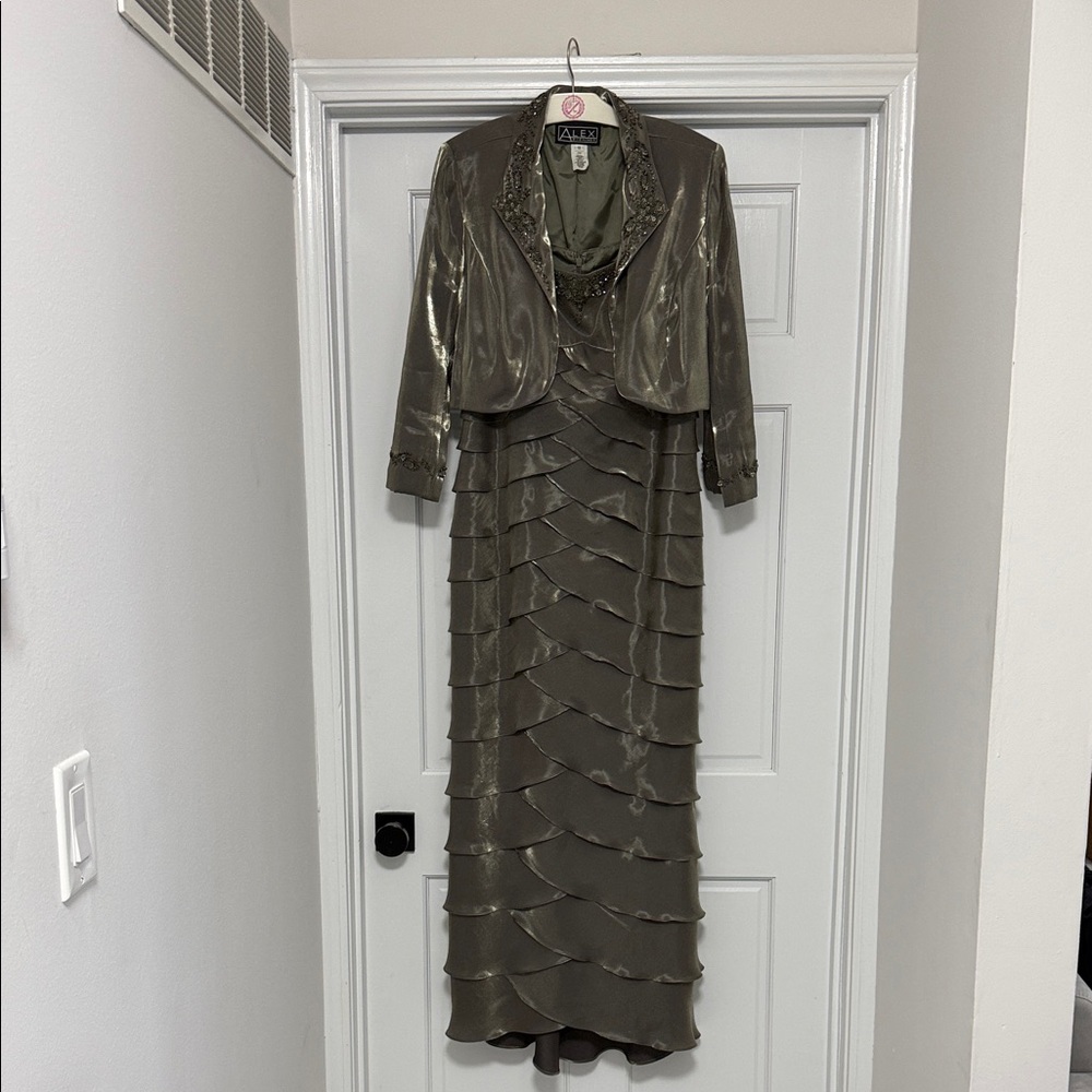 Alex Evenings Metallic Olive Green 2 Piece Maxi Dress with Jacket Size 12